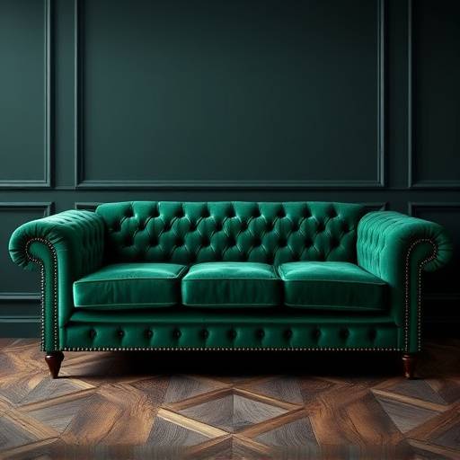 A luxurious velvet sofa in a deep emerald green color, with plush cushions and tufted detailing.