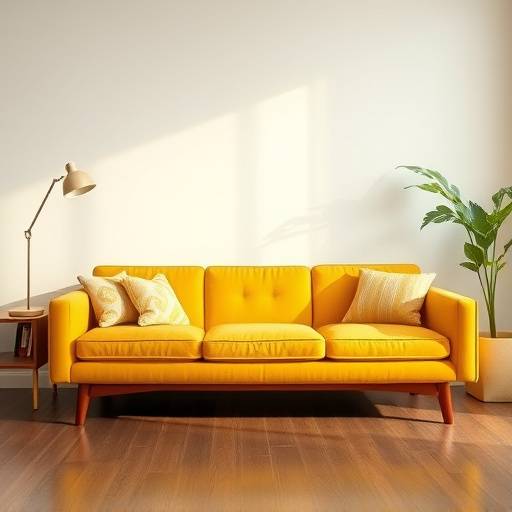 A mid-century modern style sofa in a warm mustard yellow color, with clean lines and comfortable cushions.