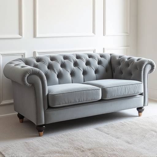 Elegant grey velvet sofa with tufted back and rolled arms