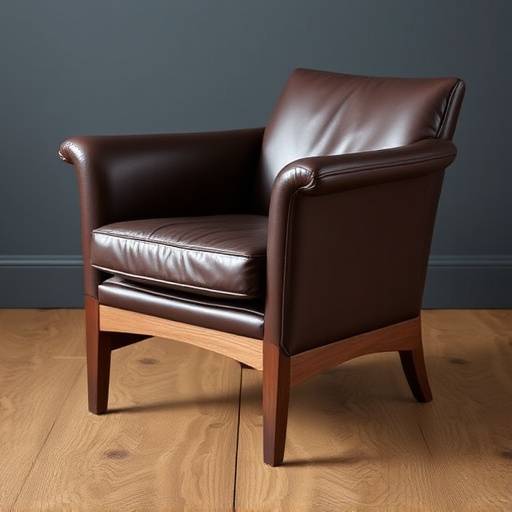 Handcrafted leather armchair with walnut base