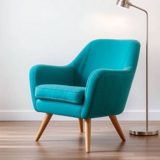 Modern armchair in a vibrant teal fabric with wooden legs